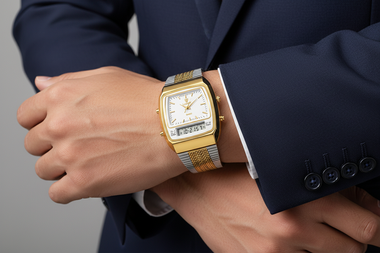 Reloj dorado en muñeca