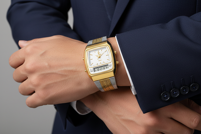 Reloj dorado en muñeca